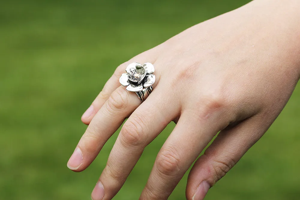 Wide Vine Dogwood Ring with Rose Gold Center